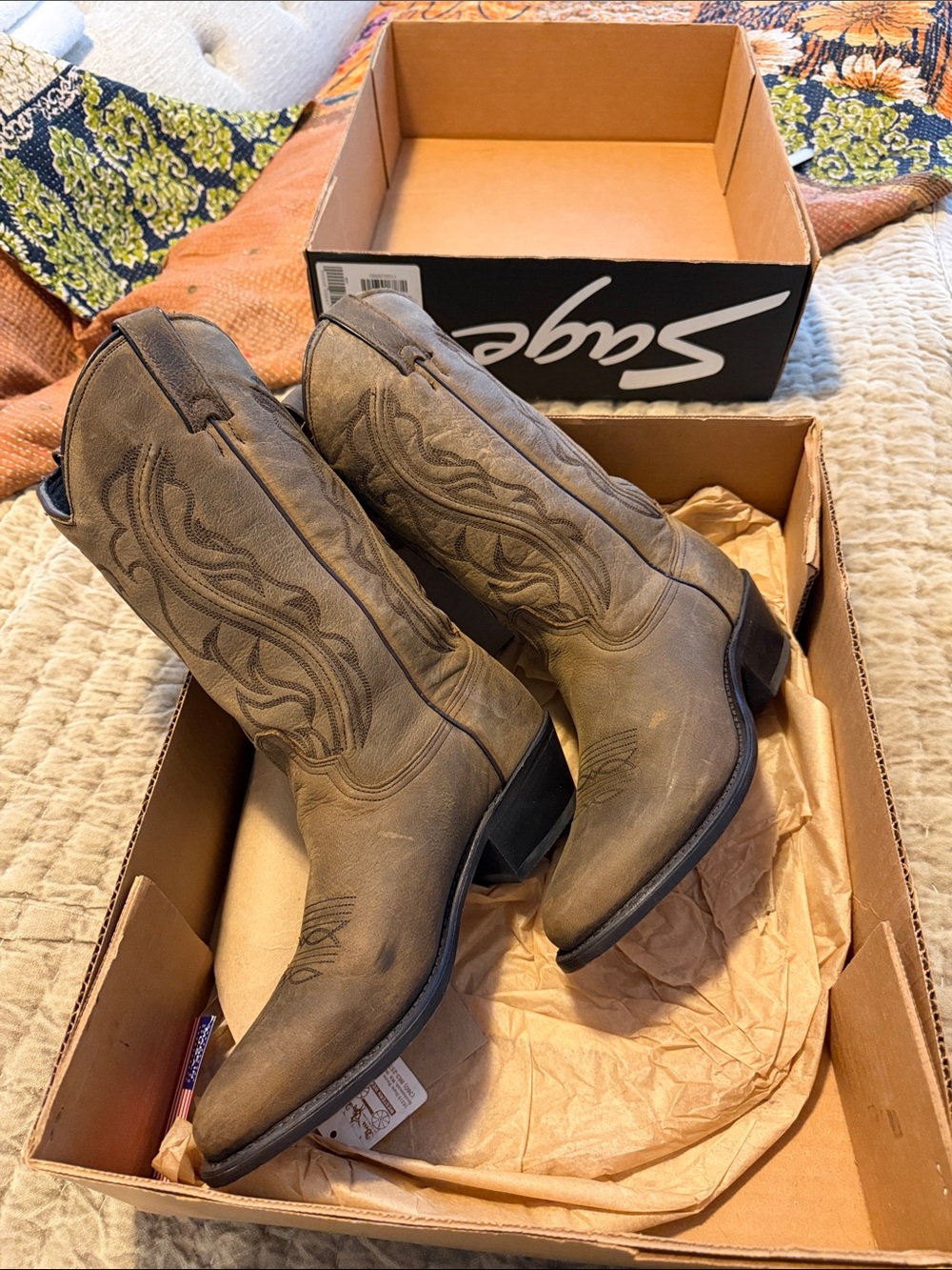 Sage Men's Distressed Tan Western Cowboy Boots with Stitch Detail